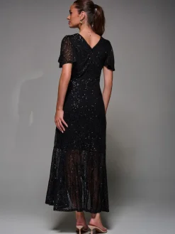 Jolie Moi Denim Black Sequin Angel Sleeve Ruffle Hem Maxi Dress