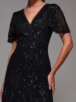 Jolie Moi Denim Black Sequin Angel Sleeve Ruffle Hem Maxi Dress