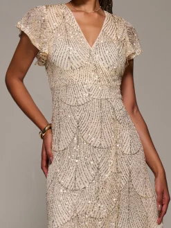 Jolie Moi Gold Frill Short Sleeve Sequin Maxi Dress Clearance