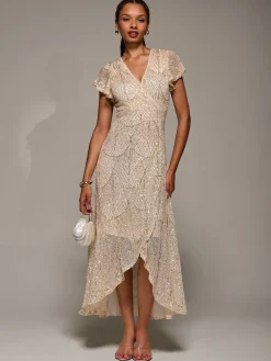 Jolie Moi Gold Frill Short Sleeve Sequin Maxi Dress Clearance