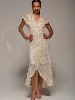 Jolie Moi Gold Frill Short Sleeve Sequin Maxi Dress Clearance