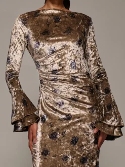 Jolie Moi Gold Ruffle Sleeve Asymmetric Neck Velvet Maxi Dress Sale