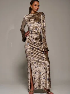 Jolie Moi Gold Ruffle Sleeve Asymmetric Neck Velvet Maxi Dress Sale