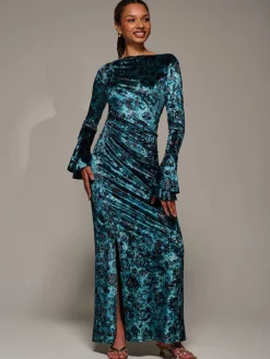 Jolie Moi Green Ruffle Sleeve Asymmetric Neck Velvet Maxi Dress Sale