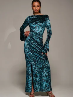 Jolie Moi Green Ruffle Sleeve Asymmetric Neck Velvet Maxi Dress Sale