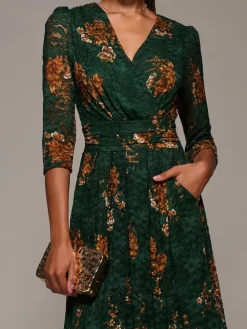 Jolie Moi Three Quarter Sleeve Printed Lace Maxi Dress Green New