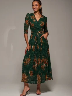 Jolie Moi Three Quarter Sleeve Printed Lace Maxi Dress Green New