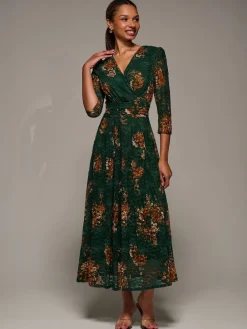 Jolie Moi Three Quarter Sleeve Printed Lace Maxi Dress Green New