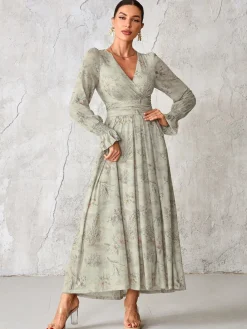 Jolie Moi Long Sleeve Mesh Maxi Dress Grey Hot