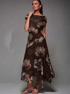 Jolie Moi Mesh Asymmetrical Draped Maxi Dress Light Brown Discount