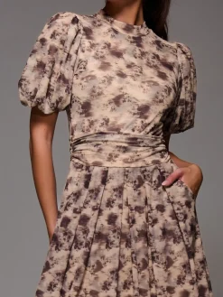 Jolie Moi Puffy Sleeve Printed Mesh Maxi Dress Natural Sale