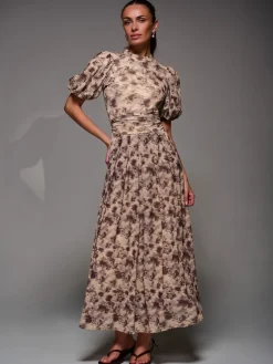 Jolie Moi Puffy Sleeve Printed Mesh Maxi Dress Natural Sale