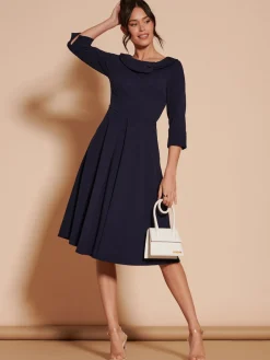 Jolie Moi 3/4 Sleeve Fold Neck Midi Dress Navy Blue New