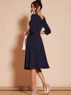 Jolie Moi 3/4 Sleeve Fold Neck Midi Dress Navy Blue New