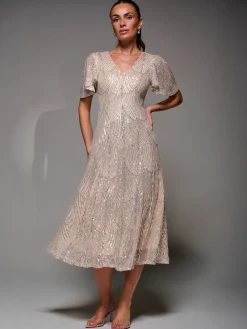 Jolie Moi Nude Sequin Angel Sleeve Fit & Flare Midaxi Dress Online