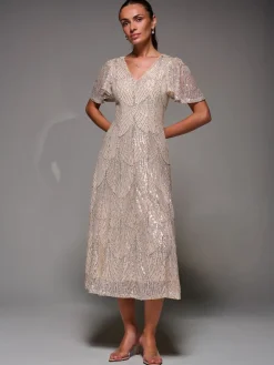 Jolie Moi Nude Sequin Angel Sleeve Fit & Flare Midaxi Dress Online