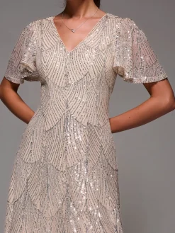 Jolie Moi Nude Sequin Angel Sleeve Fit & Flare Midaxi Dress Online