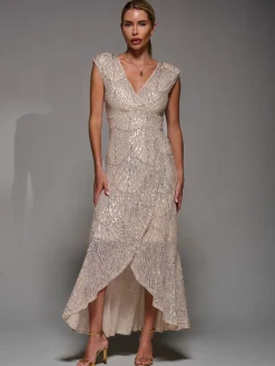Jolie Moi Nude Sequin Asymmetric Ruffle Hem Maxi Dress Online