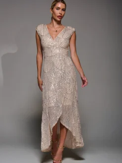 Jolie Moi Nude Sequin Asymmetric Ruffle Hem Maxi Dress Online