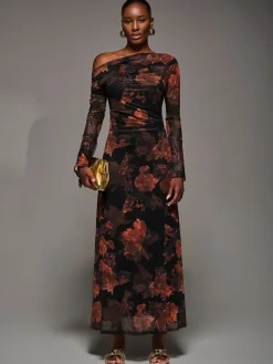 Jolie Moi Long Sleeve Slash Neck Maxi Dress Orange Best