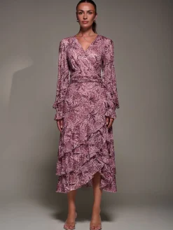 Jolie Moi Long Sleeve Frill Detail Mesh Maxi Dress Pink Hot