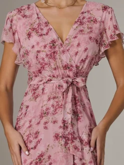 Jolie Moi Printed Wrap Ruffle Maxi Dress Pink Hot