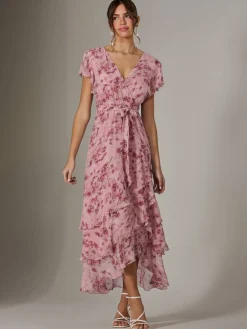 Jolie Moi Printed Wrap Ruffle Maxi Dress Pink Hot