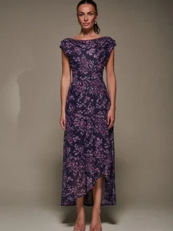 Jolie Moi Asymmetric Draped Mesh Maxi Dress Purple Best