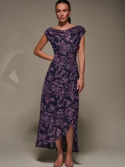 Jolie Moi Asymmetric Draped Mesh Maxi Dress Purple Best