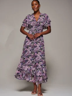 Jolie Moi Purple Chiffon Layered Sleeve Ruffle Dress Outlet