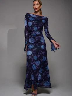 Jolie Moi Long Sleeve Slash Neck Maxi Dress Purple Hot