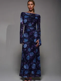 Jolie Moi Long Sleeve Slash Neck Maxi Dress Purple Hot