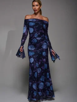 Jolie Moi Long Sleeve Slash Neck Maxi Dress Purple Hot