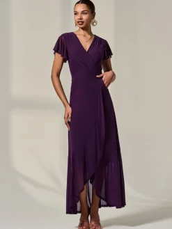 Jolie Moi Purple Plain Wrap Mesh Maxi Dress Discount