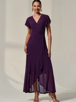 Jolie Moi Purple Plain Wrap Mesh Maxi Dress Discount