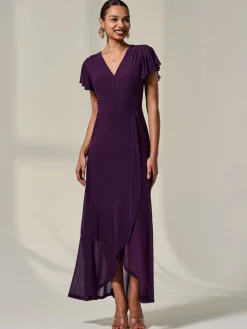 Jolie Moi Purple Plain Wrap Mesh Maxi Dress Discount