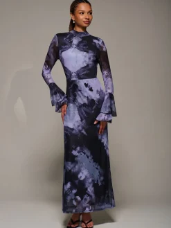 Jolie Moi Ruffle Long Sleeve Mesh Maxi Dress Purple Sale