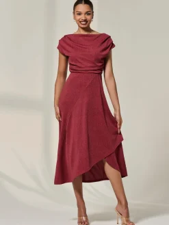 Jolie Moi Asymmmetric Draped Midi Dress Red