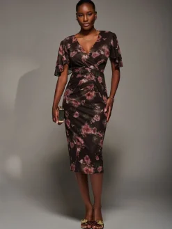 Jolie Moi Red Print Mesh Angel Sleeve Bodycon Midi Dress