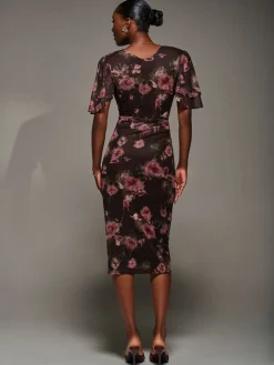 Jolie Moi Red Print Mesh Angel Sleeve Bodycon Midi Dress