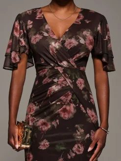 Jolie Moi Red Print Mesh Angel Sleeve Bodycon Midi Dress