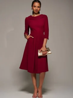 Jolie Moi Roll Neck Fit & Flare Midi Dress Red Clearance