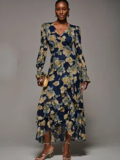 Jolie Moi Yellow Long Sleeve Ruffle Hem Mesh Maxi Dress Discount