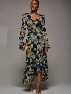 Jolie Moi Yellow Long Sleeve Ruffle Hem Mesh Maxi Dress Discount