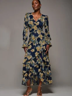 Jolie Moi Yellow Long Sleeve Ruffle Hem Mesh Maxi Dress Discount