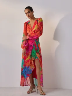 Next Kew Collection Bright Floral Occasion Long Sleeve Wrap Midi Dress