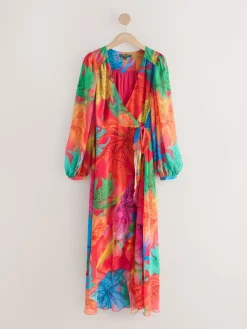 Next Kew Collection Bright Floral Occasion Long Sleeve Wrap Midi Dress