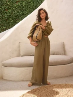 Next Khaki Green 100% Linen Premium Wide Leg Trousers