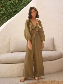 Next Khaki Green 100% Linen Premium Wide Leg Trousers