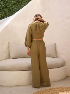 Next Khaki Green 100% Linen Premium Wide Leg Trousers